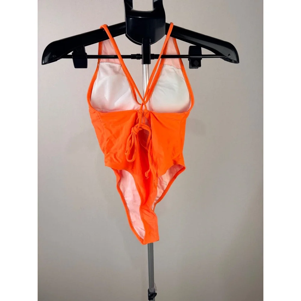 Neon Orange High Cut‎ Plunge One Piece Swimsuit Lace Up Back Medium
